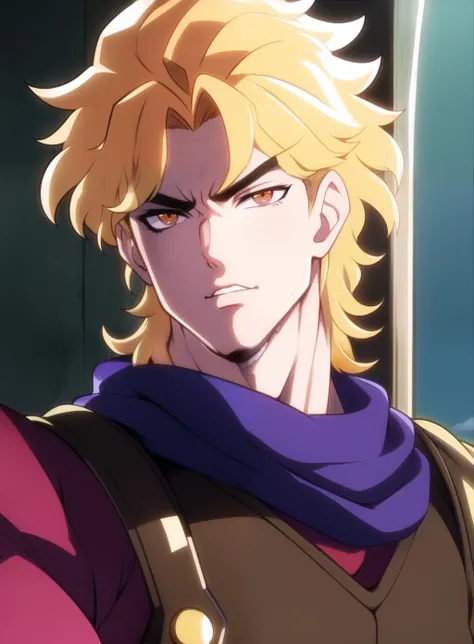 (orange eyes), upper body, muscular, araki hirohiko (style), anime, 1boy, diojojo, solo, vampire, male focus, clothed,  (detailed eyes:1.5), blonde hair, BREAK suspenders, multicolored clothes, BREAK looking at viewer, BREAK outdoors, city, BREAK (masterpiece:1.2), best quality, high resolution, extremely detailed face, perfect lighting, extremely detailed CG,   <lora:Dio Brando (Phantom Blood)-000005:0..96>