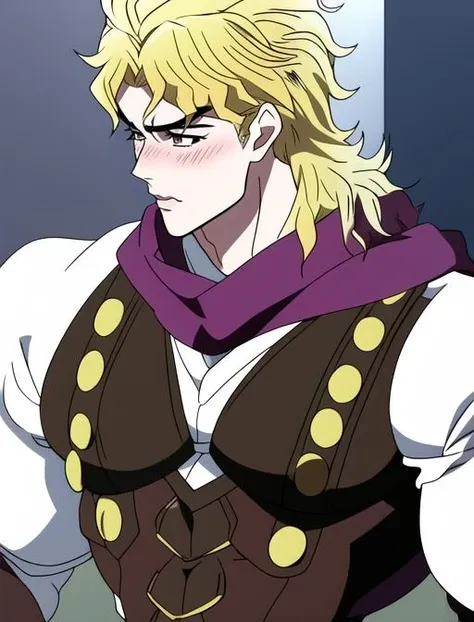 dio brando, looking away, anime screenshot, blonde, muscular, handsome, 1boy, male, blushing, diojojo, scarf, suspenders, masterpiece, best quality, ultra-detailed detailed, detailed digital artwork, hi res, araki hirohiko (style), jojo, <lora:Dio Brando (Phantom Blood):0.97> <lora:shy:0.78>