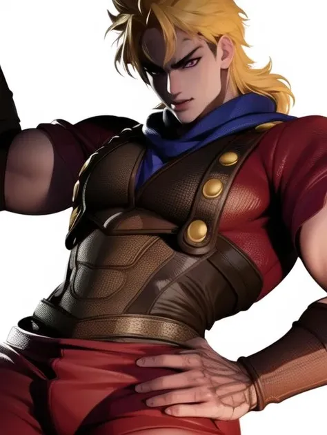 (orange eyes), cowboy shot, 4k rendering 3d, official style, waist, realistic, masterpiece, muscular, araki hirohiko (style), anime, 1boy, diojojo, solo, vampire, male focus, clothed, (detailed eyes:1.5), blonde hair, BREAK suspenders, multicolored clothes, BREAK looking at viewer, BREAK red clothBREAK (masterpiece:1.2), best quality, high resolution, extremely detailed face, perfect lighting, extremely detailed CG, <lora:Dio Brando (Phantom Blood)-000005:1>