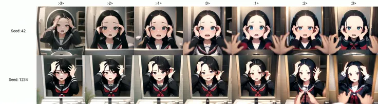 absurdres, higres, ultra detailed, face focus, solo, washroom, indoors, upper body, pov,
1girl, forehead, open mouth, !?, (hands on own head:1.2), surprised, black hair, black serafuku, long sleeves, looking at mirror, no eyebrows,
cinematic lighting, depth of field, HDR, ray tracing, perfect hands,
<lora:envybetterhandsLocon_beta2:1> <lora:mayunashi_22222_8:-3> <lora:maro_eyebrows_22222_8:0>
