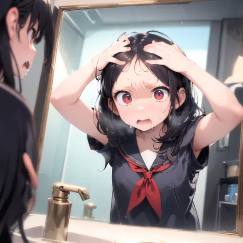 absurdres, higres, ultra detailed, face focus, solo, washroom, indoors, upper body,
1girl, forehead, hawawa, open mouth, !?, (hands on own head:1.2), surprised, red eyes, black serafuku, looking at mirror,
cinematic lighting, depth of field, HDR, ray tracing, perfect hands,
<lora:envybetterhandsLocon_beta2:1> <lora:mayunashi_22222_8:2><lora:maro_eyebrows_22222_8:0> <lora:hawawa:1>