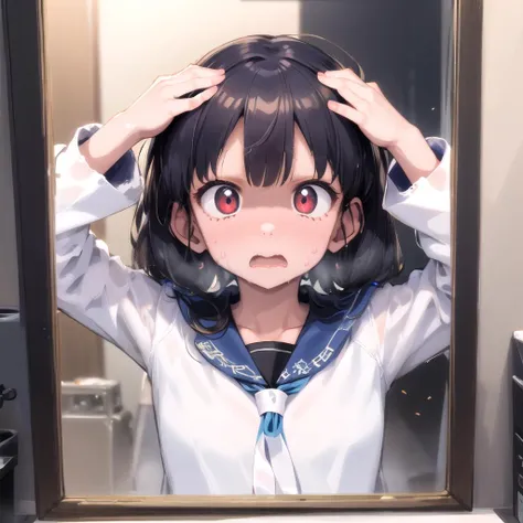 absurdres, higres, ultra detailed, face focus, solo, washroom, indoors, upper body, pov,
1girl, forehead, hawawa, open mouth, !?, (hands on own head:1.2), surprised, red eyes, black hair, black serafuku, long sleeves, looking at mirror,
cinematic lighting, depth of field, HDR, ray tracing, perfect hands,
<lora:envybetterhandsLocon_beta2:1> <lora:mayunashi_22222_8:2.5><lora:maro_eyebrows_22222_8:0> <lora:hawawa:1>