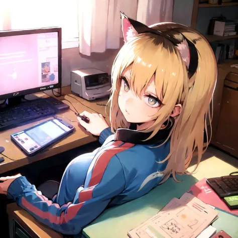 best quality, megami magazine, diagonal view, solo, keyboard \(computer\), mouse \(computer\),
cat girl, slit pupils, blonde hair, cat ears, cat tail, crossed legs, track suit, gaming chair, sitting, indoors, sanpaku, leaning forward, looking away, messy room, narrow room, perfect hands, cats,
<lora:envybetterhandsLocon_beta2:1> <lora:mayunashi_22222_8:2> <lora:BlackRoots:1> <lora:menositanikuma1:0.6>