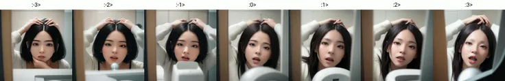 absurdres, higres, ultra detailed, face focus, solo, washroom, indoors, upper body,  pov,
1girl, forehead, open mouth, !?, (hands on own head:1.2), surprised, black hair, black serafuku, long sleeves, looking at mirror, photo realistic,
cinematic lighting, depth of field, HDR, ray tracing, perfect hands, 
<lora:envybetterhandsLocon_beta2:1> <lora:mayunashi_22222_8:-3><lora:maro_eyebrows_22222_8:0>
