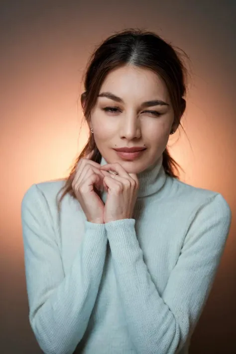 1girl, solo, portrait, white turtleneck sweater, long sleeve, hands on chin, grin, soft lighting, looking at viewer, blurry background, bokeh, chromatic aberration, depth of field, masterpiece, best quality, ultra-detailed, ultra high res, (photorealistic:1.4), raw photo, (realistic:0.2), 8k HDR, f1.4, 40mm, photorealistic, raw, 8k, textured skin, skin pores, intricate details
<lora:PAseer-SD15-LCM Quick:1> <lora:0tool_picxer_real:1> <lora:gc82_uk_lora_v02:1> gc82 <lora:l_wnk_we_sd_64_32:1> (winking expression:1.4)