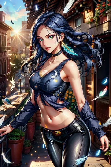 woman, alone, Dark Skin, freckles, Bright red eyes, Wavy Hair, Very long black hair, ponytail, Large Breasts, fit, Arm tattoo, Tattoos on the face, expensive, Torn Shirt, Tight jeans, Ripped jeans, Black Shirt, impact, Dark eyeliner, Small earrings, software:2, smile, Playful, garden, night, smoking, Cleavage, leather jacket