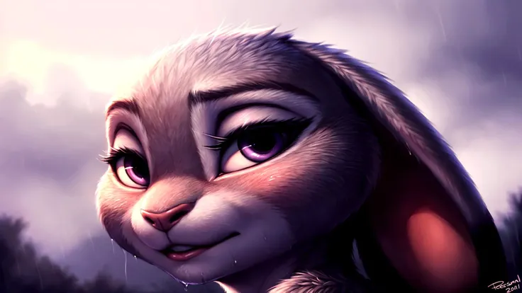 uploaded on e621, (by nudaya, by personalami, by sashacakes), judy hopps, <lora:judy:0.5>, wet fur, BREAK, raining, cloudy background, portrait, head view, side view, close up, blur, hi res, depth of field, <lora:furthermore:0.5>