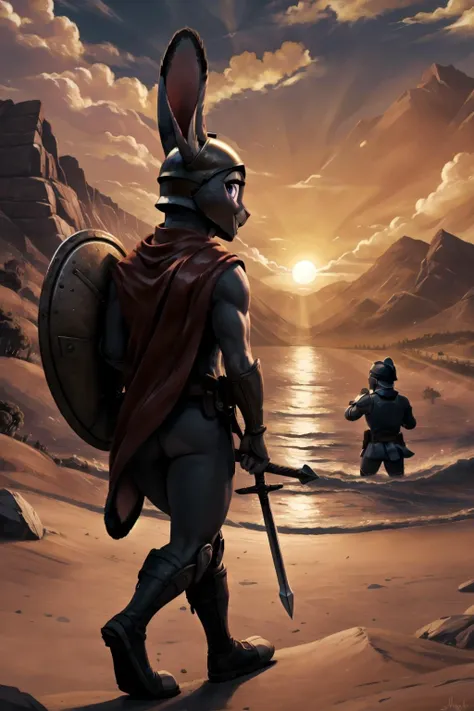orange_sky, outdoors,ocean,cloud, cloudy_sky, desert, flock, horizon, mountain,sunset, water,
standing on a beach,a group of men in armor are walking behind him,
red cape,armor,shoulder armor, armored boots, armored dress,
in a helmet,
holding a sword and shield
(Man | judyhopps, rabbit girl, purple eyes, pink nose, buck teeth), 36yo, looking at viewer,
temperate forest glade, grass, nude,
(masterpiece:1.2), (best quality:1.2), (intricate:1.2), (highly detailed:1.2), (sharp:1.2), (8k:1.2), (highres:1.2),
cinematic lighting, vivid colors
<lora:judyhopps-v2-locon:1>
<lora:king_leonidas_300-KK77-V1:0.7>