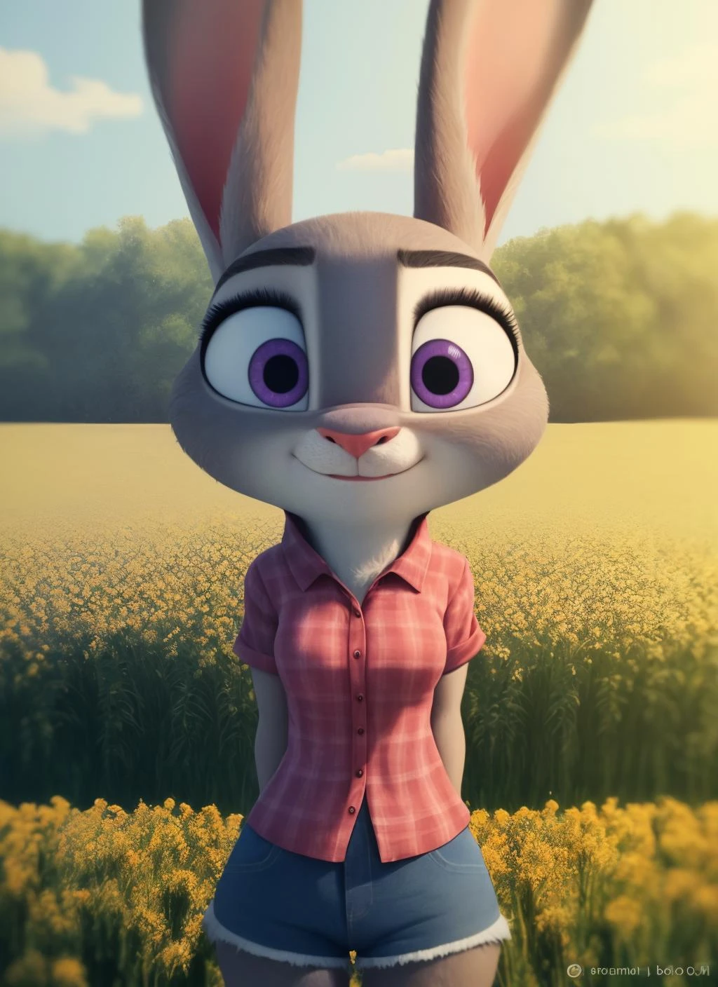 judyhopps, furry female anthro, rabbit girl, rabbit ears, plaid shirt, standing, short sleeves, denim shorts, tail, solo, (body fur:1.2), (best quality), (farm field crops background:1.2), portrait lighting, (detailed fluffy fur:1.1), looking at viewer, smile, render, <lora:judyhopps-v2-locon:1>