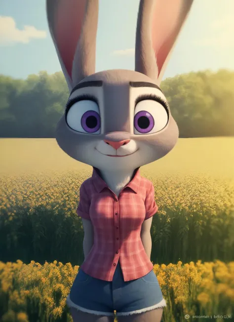 judyhopps, furry female anthro, rabbit girl, rabbit ears, plaid shirt, standing, short sleeves,  denim shorts, tail, solo, (body fur:1.2), (best quality), (farm field crops background:1.2), portrait lighting, (detailed fluffy fur:1.1), looking at viewer, smile, render, <lora:judyhopps-v2-locon:1>