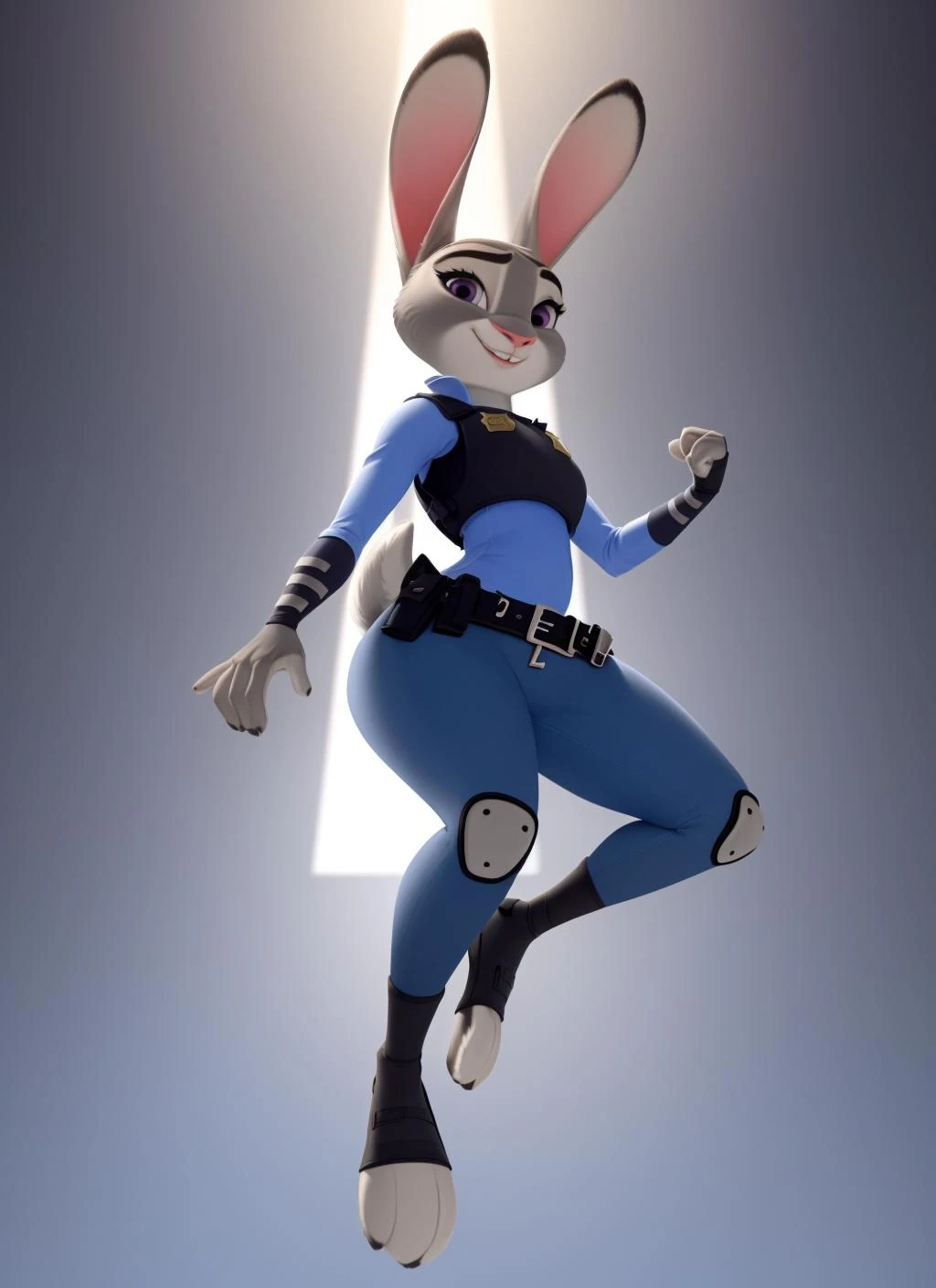 judyhopps, furry female anthro, rabbit girl, rabbit ears, action pose, police uniform, wrist guards, blue pants, (feet:1.2), police belt,  solo, (body fur:1.2), (best quality), (gradient background:1.2), portrait lighting, (detailed fluffy fur:1.1), (looking at viewer:1.2), bulletproof vest, smile,  render, from below, <lora:judyhopps-v2:1>