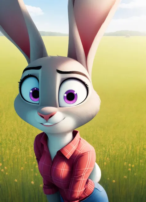 judyhopps, furry female anthro, rabbit girl, rabbit ears, plaid shirt, sleeves rolled up, denim shorts, solo, (body fur:1.2), (best quality), (farm field crops background:1.2), portrait lighting, (detailed fluffy fur:1.1), looking at viewer, smile, render, <lora:judyhopps-v2:1>