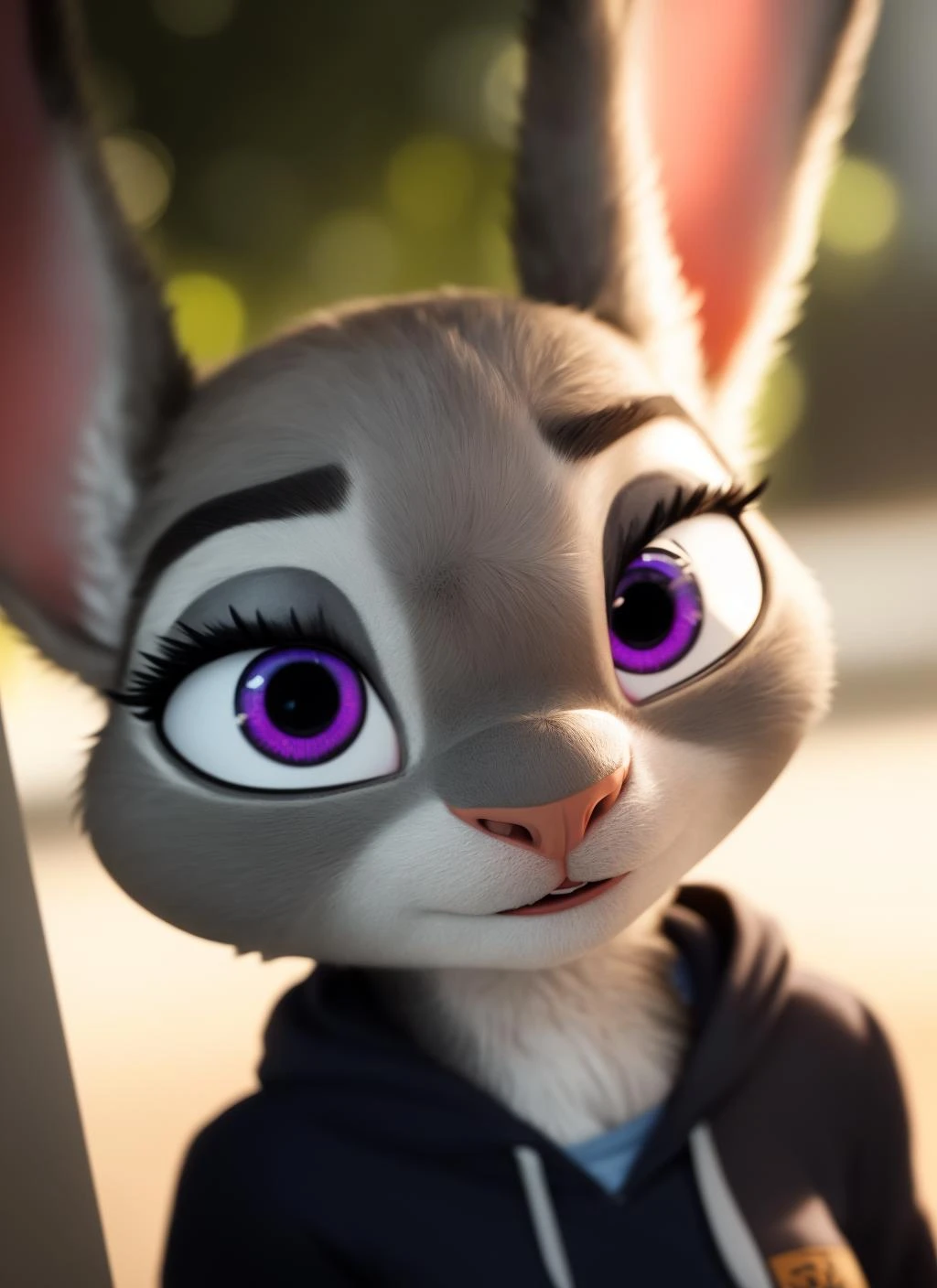 judyhopps, furry female anthro, rabbit girl, portrait, close-up, rabbit ears, (hoodie:1.2), fur trim, solo, (body fur:1.2), (best quality), (detailed urban background:1.2), dramatic lighting, (detailed fluffy fur:1.1), looking at viewer, <lora:judyhopps-v2:1>