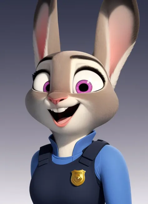 judyhopps, furry female anthro, rabbit girl, portrait, rabbit ears, police uniform, solo, (body fur:1.2), (best quality), (gradient background:1.2), portrait, lighting, (detailed fluffy fur:1.1), looking at viewer, bulletproof vest, smile, (buck teeth:1.2), open mouth, <lora:judyhopps-v2-locon:1>
