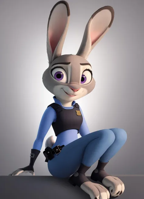 judyhopps, furry female anthro, rabbit girl, rabbit ears, police uniform, wrist guards, blue pants, feet, police belt, solo, (body fur:1.2), (best quality), (gradient background:1.2), portrait lighting, (detailed fluffy fur:1.1), (looking at viewer:1.2), bulletproof vest, smile, parted lips, buck teeth, render, <lora:judyhopps-v2:1>