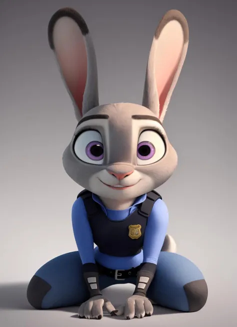 judyhopps, furry female anthro, rabbit girl, rabbit ears, police uniform, wrist guards, blue pants, feet, police belt,  solo, (body fur:1.2), (best quality), (gradient background:1.2), portrait lighting, (detailed fluffy fur:1.1), (looking at viewer:1.2), bulletproof vest, smile, parted lips, buck teeth, render, <lora:judyhopps-v2:1>