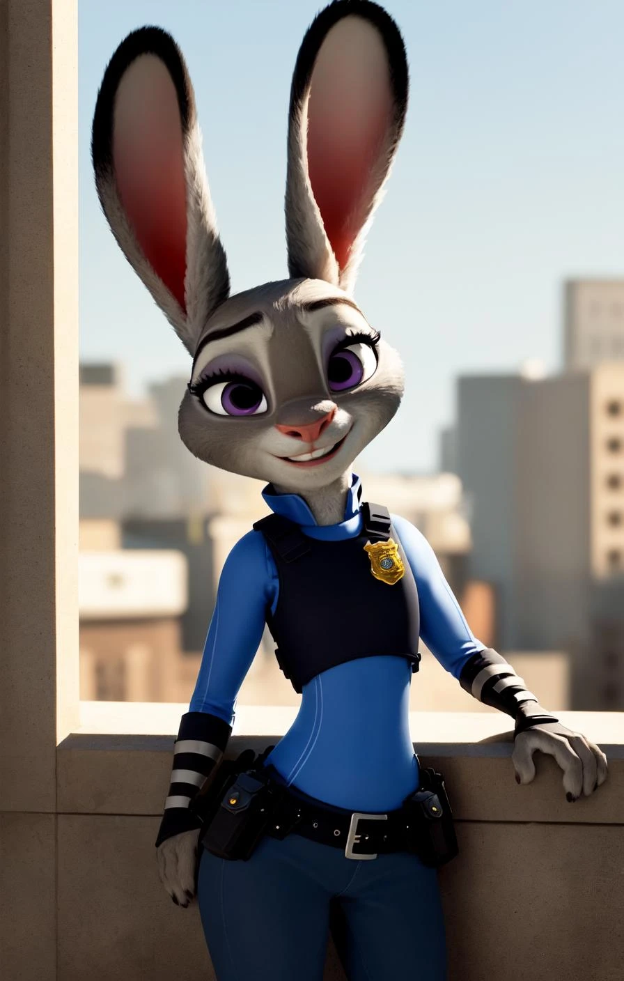 ears-up, (best quality, masterpiece:1), furry female anthro judyhopps, portrait, soft lighting, police uniform, full uniform, rabbit tail, police belt, police badge, blue pants, blue shirt, bulletproof vest, wrist guards, smile, purple eyes, body fur, (wide-eyed:1.2), smile, parted lips, buck teeth, (detailed urban city background:1.1), 3d pixar style, looking at viewer, <lora:judyhopps-v1:1>