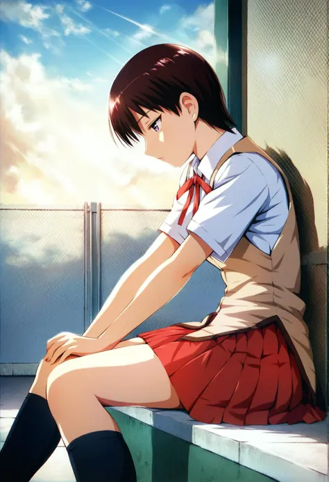 <lora:takano_akira_ponyxl_v2:0.8>, takira, solo, short hair, dark red hair, brown hair, purple eyes, half-closed eyes, looking ahead, profile, from side, sitting, on floor, arm support, hand on floor, reclining,
school uniform, brown vest, white shirt, short sleeves, collared shirt, red ribbon, neck ribbon, red skirt, pleated skirt, black socks, brown footwear, bare legs,
chain-link fence, (blue sky, cloudy sky:1.2), against wall, light rays,
backlighting, score_9, score_8_up, score_7_up, score_6_up, anime coloring, (asou \(asabu202\):0.8), masterpiece, best quality, high quality, detailed, beautiful, outstanding, countershading, detailed soft lighting