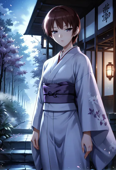 <lora:takano_akira_ponyxl_v2:0.8>, takira, short hair, dark red hair, brown hair, purple eyes, half-closed eyes, looking at viewer, solo,
light blue kimono, purple sash, cowboy shot, standing, full body,
shrine, torii, tree, cherry blossoms, pavement, night, night sky, dark, <lora:lowlight:0.6>, fog, stairs,
backlighting, score_9, score_8_up, score_7_up, score_6_up, anime coloring, (m-da s-tarou, asou \(asabu202\):0.5), high quality, detailed, beautiful, shiny, outstanding, countershading, detailed soft lighting, uncensored