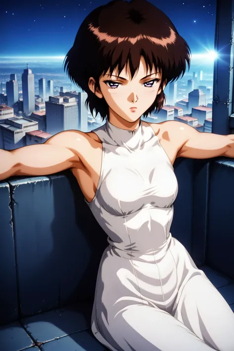 <lora:takano_akira_ponyxl_v2:0.8>, takira, short hair, dark red hair, brown hair, purple eyes, half-closed eyes, solo, looking at viewer, full body,
white dress, sleeveless dress, outstretched arms, resting arm,
balcony, stone floor, city, skyscraper, night, night sky, dim lighting, low light, sitting, on chair,
score_9, score_8_up, score_7_up, score_6_up, anime, <lora:nostalgia-000011:1>, retro, high quality, detailed, cinematic, film grain, rating_safe