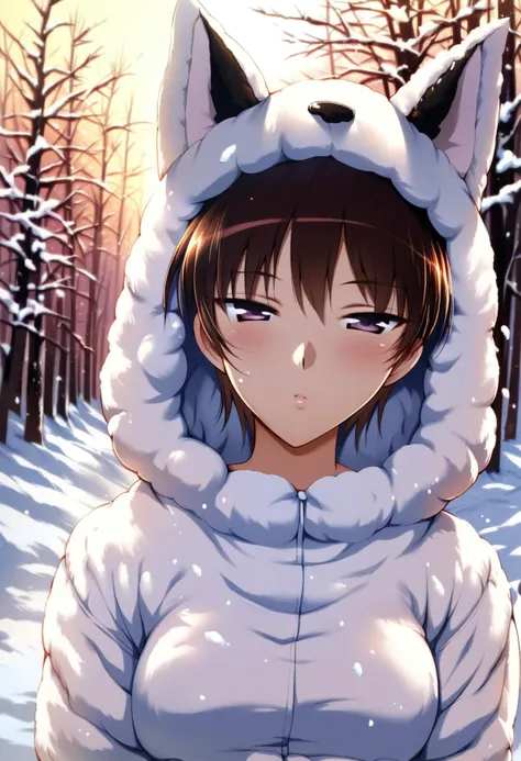 <lora:takano_akira_ponyxl_v2:0.8>, takira, short hair, dark red hair, brown hair, purple eyes, solo, half-closed eyes, front view, looking at viewer, medium breasts,
fox costume, white fox, animal costume, fur,
outdoors, snow, snow covered tree, winter,
score_9, score_8_up, score_7_up, score_6_up, anime coloring, (m-da s-tarou, asou \(asabu202\):0.5), high quality, detailed, beautiful, shiny, outstanding, countershading, detailed soft lighting, uncensored