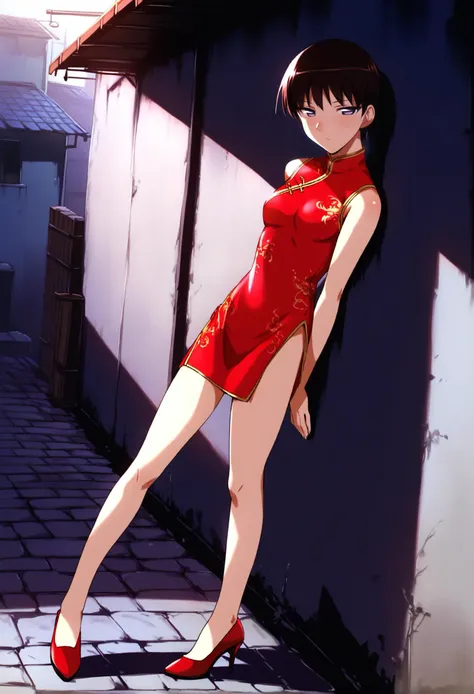 <lora:takano_akira_ponyxl_v2:0.9>, takira, short hair, dark red hair, brown hair, purple eyes, half-closed eyes, solo, looking at viewer, looking to the side, standing, full body,
china dress, chinese clothes, red dress, side cut, bare legs, red lipsticks, high heels, red footwear,
against wall, from side, leaning back, leaning against wall,
outdoors, alley, cobblestone wall, <lora:lowlight:0.6>, dark alley, dark,
backlighting, score_9, score_8_up, score_7_up, score_6_up, anime coloring, (m-da s-tarou, asou \(asabu202\):0.5), masterpiece, best quality