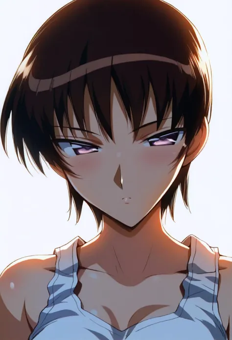 <lora:takano_akira_ponyxl_v2:1>, takira, short hair, dark red hair, brown hair, purple eyes, half-closed eyes, looking at viewer,
white tank top,
white background,
backlighting, score_9, score_8_up, score_7_up, score_6_up, anime coloring, (hara \(harayutaka\):0.5), (m-da s-tarou, asou \(asabu202\):0.5), masterpiece, best quality, perfect lighting, perfect shadows