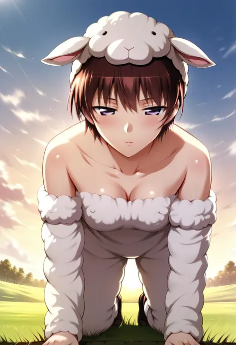 <lora:takano_akira_ponyxl_v2:0.8>, takira, short hair, dark red hair, brown hair, purple eyes, looking at viewer, half-closed eyes, solo,
sheep costume, animal costume, wool, wool hat, all fours,
field, grass, sheep, cloudy sky,
backlighting, score_9, score_8_up, score_7_up, score_6_up, anime coloring, (m-da s-tarou, asou \(asabu202\):0.5), high quality, detailed, beautiful, shiny, outstanding, countershading, detailed soft lighting