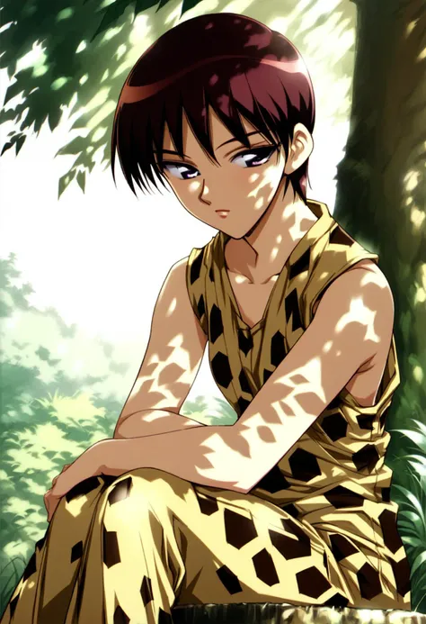 <lora:takano_akira_ponyxl_v2:0.9>, takira, short hair, dark red hair, brown hair, purple eyes, half-closed eyes, solo, looking at viewer,
(giraffe costume:1.2), animal costume,
outdoors, sitting on tree stump, dappled sunlight, tree, tree shade, large tree, foliage, grass, bush, nature,
backlighting, score_9, score_8_up, score_7_up, score_6_up, anime coloring, uncensored, <lora:UrushiharaSatoshi_XL_PONY_V2:0.4>