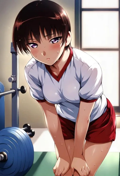 <lora:takano_akira_ponyxl_v2:0.8>, takira, short hair, dark red hair, brown hair, purple eyes, solo,
gym uniform, red shorts, white shirt, gym, sweat, standing, bent over, hands on own knees, exhausted,
backlighting, score_9, score_8_up, score_7_up, score_6_up, anime coloring, (m-da s-tarou, asou \(asabu202\):0.5), high quality, detailed, beautiful, shiny, outstanding, countershading, detailed soft lighting, uncensored