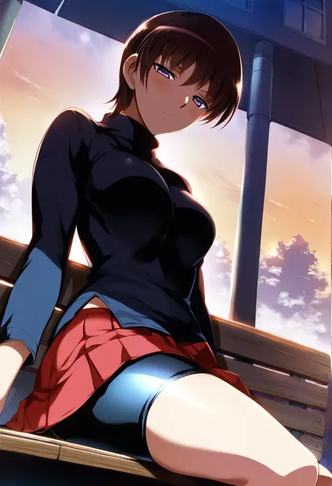 <lora:takano_akira_ponyxl_v2:0.8>, takira, short hair, dark red hair, brown hair, purple eyes, half-closed eyes, front view, looking at viewer,
(black sweater), turtleneck sweater, red skirt, shorts under skirt, black shorts, bike shorts, skirt lift,
sitting, on bench, wooden bench, from below, dutch angle,
outdoors, (dusk, orange sky, dark), forest, sunset, <lora:lowlight:0.4>,
backlighting, score_9, score_8_up, score_7_up, score_6_up, anime coloring, uncensored, (hara \(harayutaka\):0.5), (m-da s-tarou, asou \(asabu202\):0.5), masterpiece, best quality, perfect lighting, perfect shadows