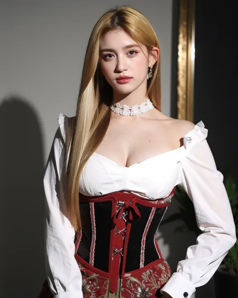 (photorealistic:1.4), (extremely intricate:1.2), (8k:1.27), (ultra highres:1.2), film grain, portrait of a girl, corset, choker, beautiful face, blonde hair, <lora:leeseosw-02:1>