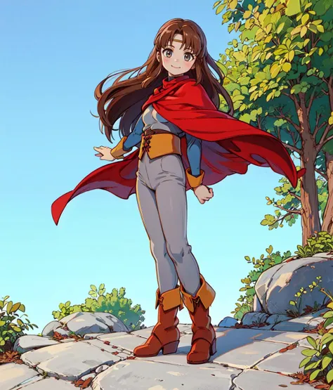 masterpiece, anime screencap, 1 girl, solo, brown hair, long hair, smile, circlet, pants, cape, armor, hand on hair, hair on wind, full body, outdoors, cliff  <lora:Odessa:1>