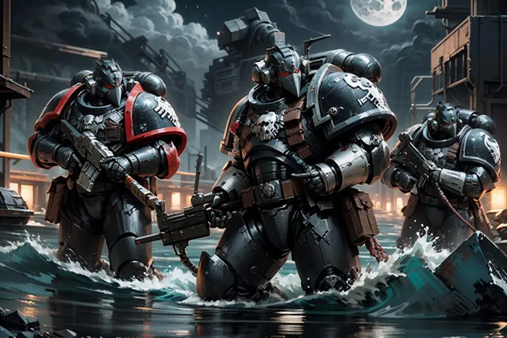 raven guard, elite imperial enforcer, ocean, resurfacing from sea, ambush, aiming gun, holding rifle, wearing detailed (full armor:1.2), corvus helm, skull helm, mouth mask, multipleboys, scifi scene, ruined space ship in far distance, moonlight, <lyco:cosmetic - UnlimitedBladeWorks1.6:0.6> <lora:Raven Guards MK2 by CARAXES:0.8>