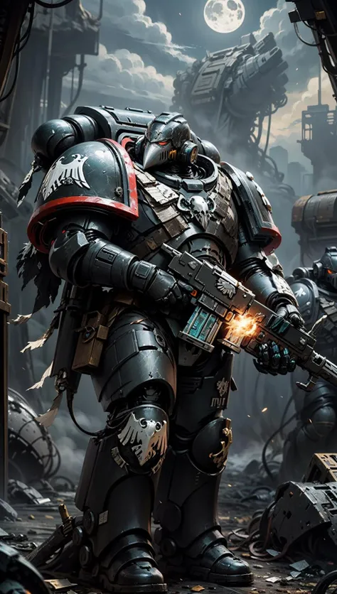 raven guard, elite imperial enforcer sniping in the jungle, holding rifle, wearing detailed (full armor:1.2), corvus helm, scifi scene, ruined space ship in far distance, moonlight, <lyco:cosmetic - UnlimitedBladeWorks1.6:0.6> <lora:Raven Guards MK2 by CARAXES:0.8>