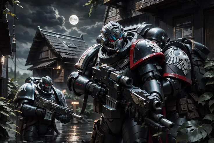 raven guard, elite imperial enforcer, deep lush jungle, camouflage, ambush, aiming gun, holding rifle, wearing detailed (full armor:1.2), skull helm, multipleboys, scifi scene, moonlight, rain forest rain, thunderstorm, dark ambiance, <lyco:cosmetic - UnlimitedBladeWorks1.6:0.6> <lora:Raven Guards MK2 by CARAXES:0.8> <lora:artstyle - LowRA:0.6>