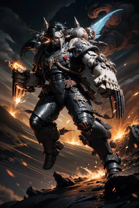 camera pan up, volumetric cinematic lighting, (highly detailed:1.4),  smooth, sharp focus, full body 8k unity render, action shot, realistic reflections, cinematic composition,  <lora:tool - add_detail:0.6>
kayvaan, <lora:Raven Guards MK2 by CARAXES:0.8>
detailed armor, mouth mask, feather details,  weapon details,
intricate ornamented, full armor, ((jet pack, detail claws:1.2)), flying, 
black hair, chiseled face, grey eyes, skin pores, rugged, shiny armor, serious face, looking over the horizon,
lush tropical paradise, volcanoes, volcano eruption landscape background, particles floating, cloudy ash sky, very dark lighting, light from lava, heavy shadows,