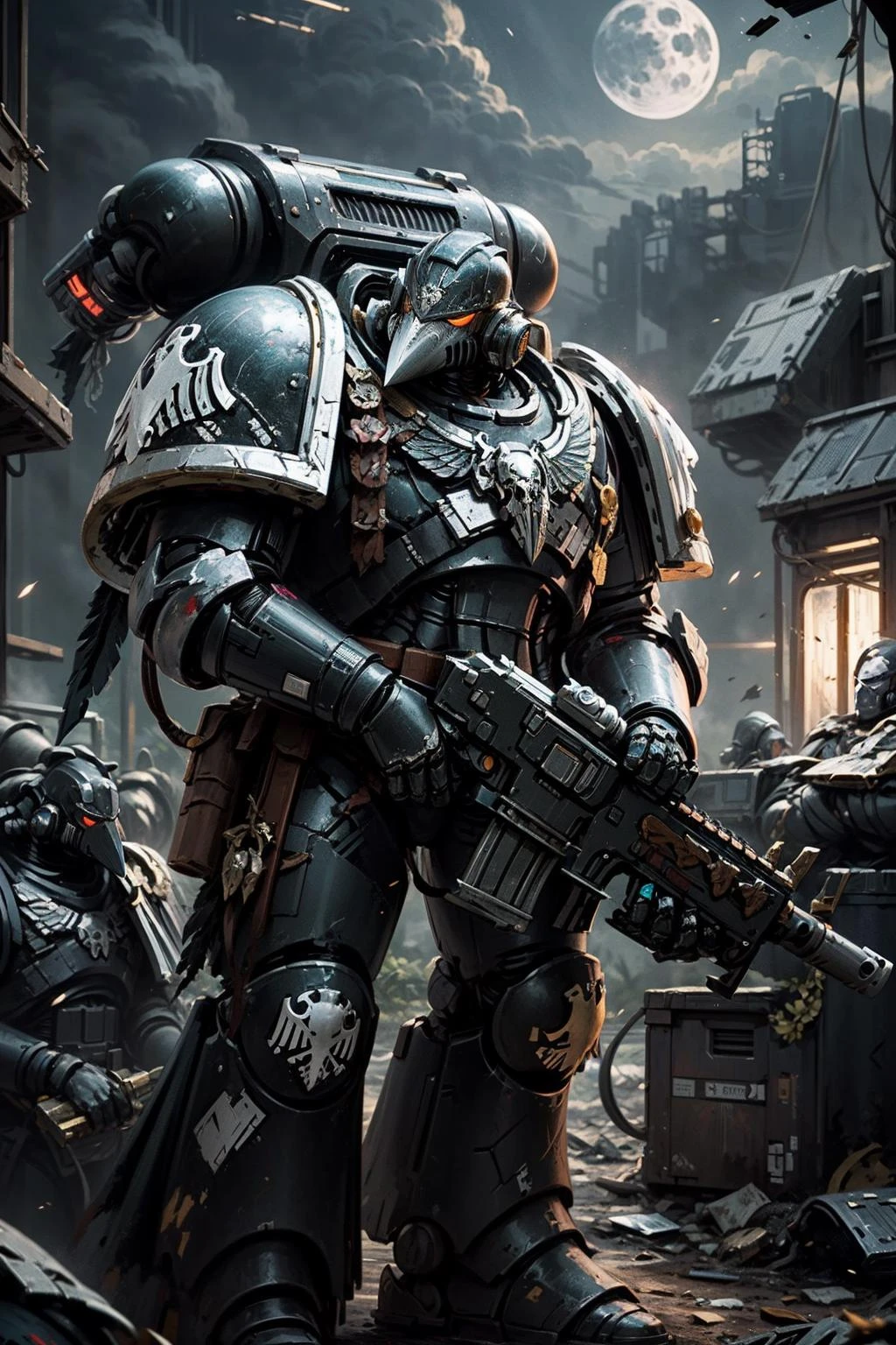raven guard, elite imperial enforcer sniping in the jungle, holding rifle, wearing detailed (full armor:1.2), corvus helm, scifi scene, ruined space ship in far distance, moonlight, <lyco:cosmetic - UnlimitedBladeWorks1.6:0.6> <lora:Raven Guards MK2 by CARAXES:0.8>