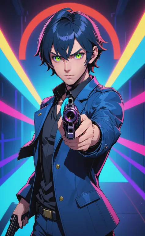 Persona V style, solo, one man pointing gun at viewer, highly detailed, quality, symmetrical, neon colors,