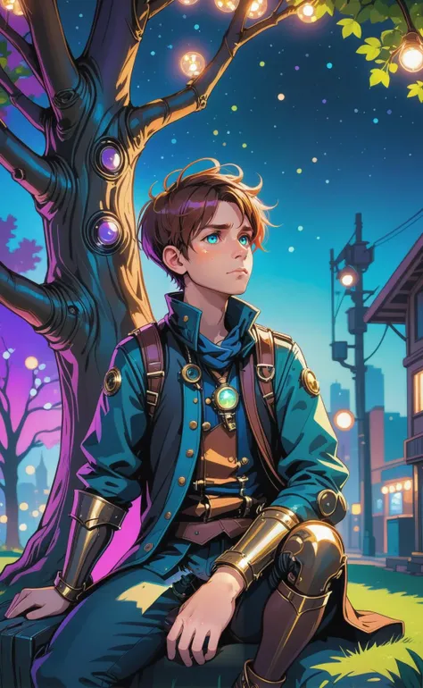 2D colorful illustration of a boy sitting against a tree, neon colors, pensive, sad, thinking about the future, vegetation and fields, fairylights in tree, cityscape in the background, steampunk feel, bokeh, depth of field
