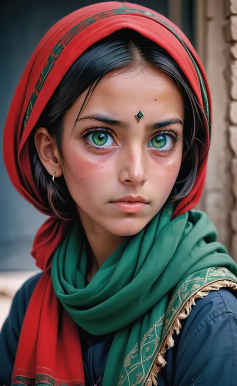 realistic photograph, nobel prize, portrait of an afghan girl with piercing green eyes, wearing a red scarf, looking at viewer, highly detailed, skin pores, detailed skin, national geopgraphic, dark and gritty, sitting, looking to the side at viewer, turning head, gritty, film grain,