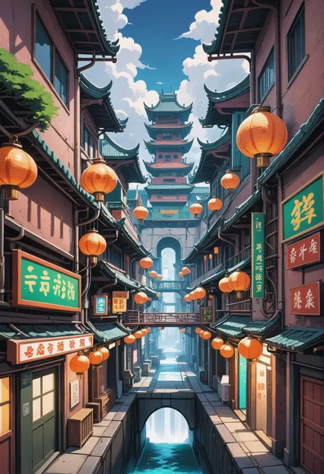 fine digital painting,anime style, chinatown in a sewer passageway in a cheerful,impossible scifi cloud city beyond the beginning of the multiverse, masterpiece, by Titus Lunter