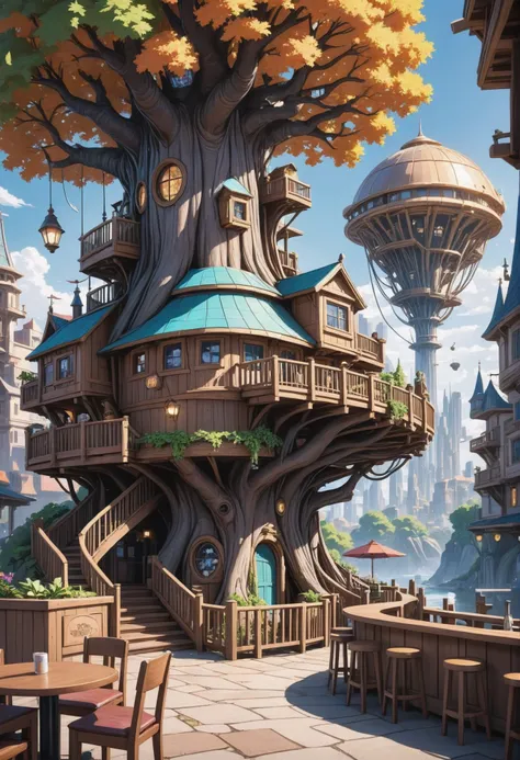 treehouse caf in a great fantasy metropolis beyond the beginning of the multiverse, masterpiece