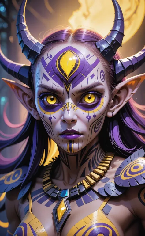 Digital art, fantasy creature, glowing eyes, tribal markings, yellow and purple color palette, dark atmosphere, menacing expression, eerie mood, ethereal glow, horror elements, ominous presence, masterpiece, highest quality, symmetrical, hyperdetailed, cinematic lighting, RAW photo, 32K resolution, HDR, Clear, UHD, vibrant, intricate details