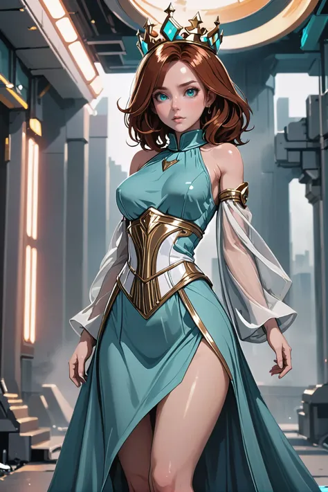 1girl, woman, malevolent goddess, (flowing dress:1),(huge opulent crown:1),(very high collar:1), bombshell hair, auburn hair with aqua highlights, Knee Length Hair, thick thighs, narrow waist, caucasian, Wardrobe and Linen Room \(room\) in a solemn,mysterious scifi megacity outside of the universe<lora:EnvyBetterHiresFixXL01:0:hr=1>