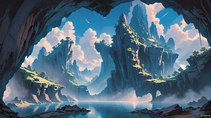 fine digital painting, morning, blue sky, clouds, scenery, "at the Enigmatic cavern"<lora:EnvyBetterHiresFixXL01:0:hr=1><lora:EnvyDramaticPortraitXL01:0.3><lora:EnvyGoddessXL03:1>