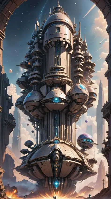 fine digital painting, vertical, whimsical, battlebot arena in a Astronomic fantasy megastructure edge of the multiverse, masterpiece, by Travis Anderson<lora:EnvyBetterHiresFixXL01:0:hr=1><lora:EnvyDramaticPortraitXL01:0.3><lora:EnvyGoddessXL03:1>