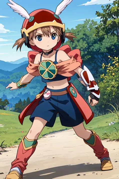 <lora:akazukin_v05:1>1girl, solo, winged helmet, akazukin, akz-armor, shorts, full body, fighting stance, serious