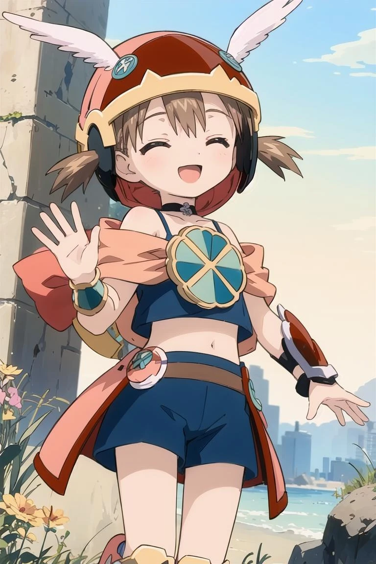 <lora:akazukin_v05:1>1girl, solo, akazukin, winged helmet, akz-armor, shorts, closed eye, smile, open mouth, waving
