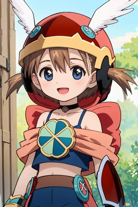 <lora:akazukin_v05:1>1girl, solo, winged helmet, akazukin, akz-armor, shorts,  upper body, looking at viewer, smile, :d